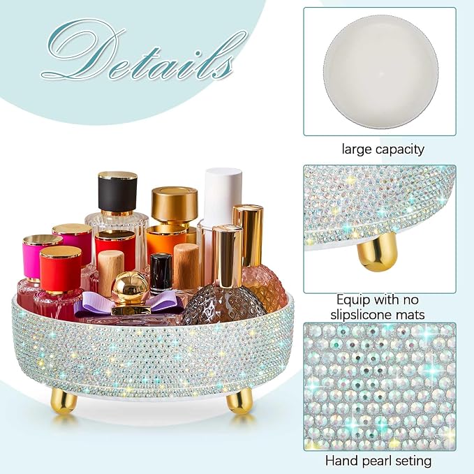 Honeydak 360 Rotating Perfume Organizer Gift for Women, Rhinestone Preppy Skincare Organizer Bathroom Counter Makeup Holder Skincare and Perfume Storage for Cosmetic(1 Tier,Resin Diamond,AB Color)