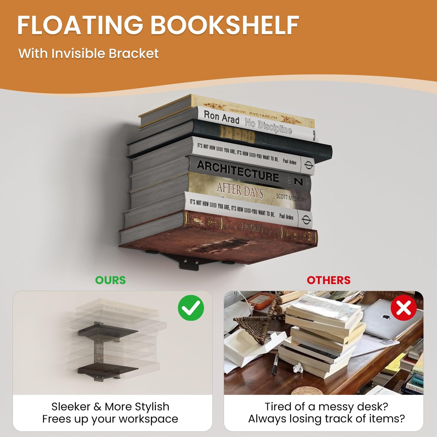 Fun Memories Invisible Floating Bookshelves for Wall, 4 Tier Vertical Spine Book Tower, Heavy Duty Floating Book Shelves Metal Book Organizers for Home Office, 2 Pack, Black