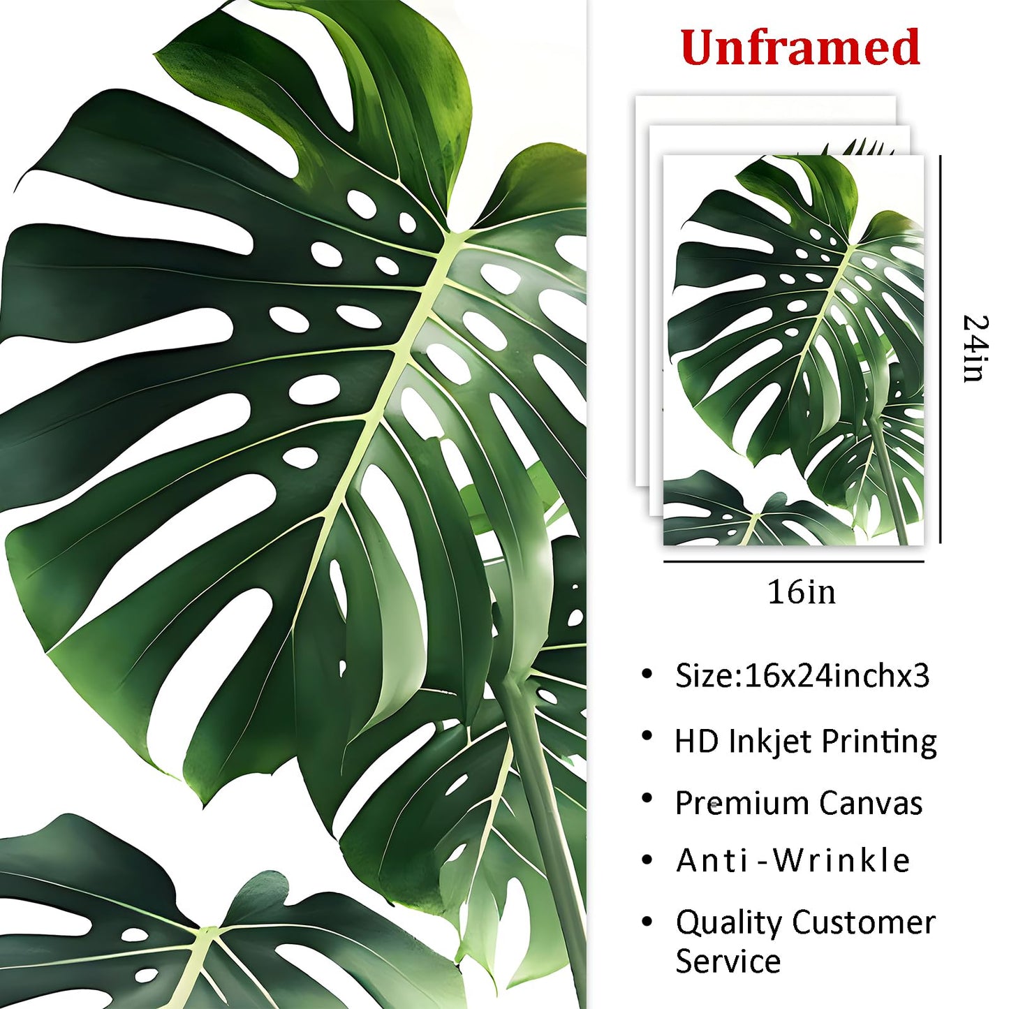 Tropical Botanical Wall Art Monstera Picture Green Leaf Poster Botanical Painting Palm Leaves Pictures Wall Decor Abstract Leaf Art Print Modern Plant Posters Watercolor Leaf Canvas Wall Art 16x24in No Frame