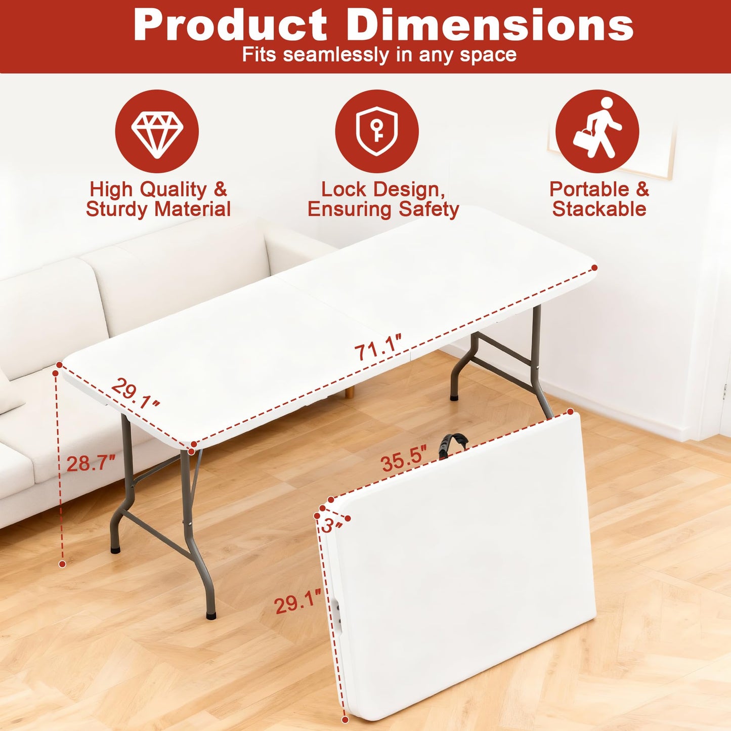 Elevon 6FT Folding Tables – Heavy Duty Portable Foldable Table with Built-in Handle, 300 lb Capacity – Ideal for Events, Parties, Crafts, Camping & Dining (6-Pack)