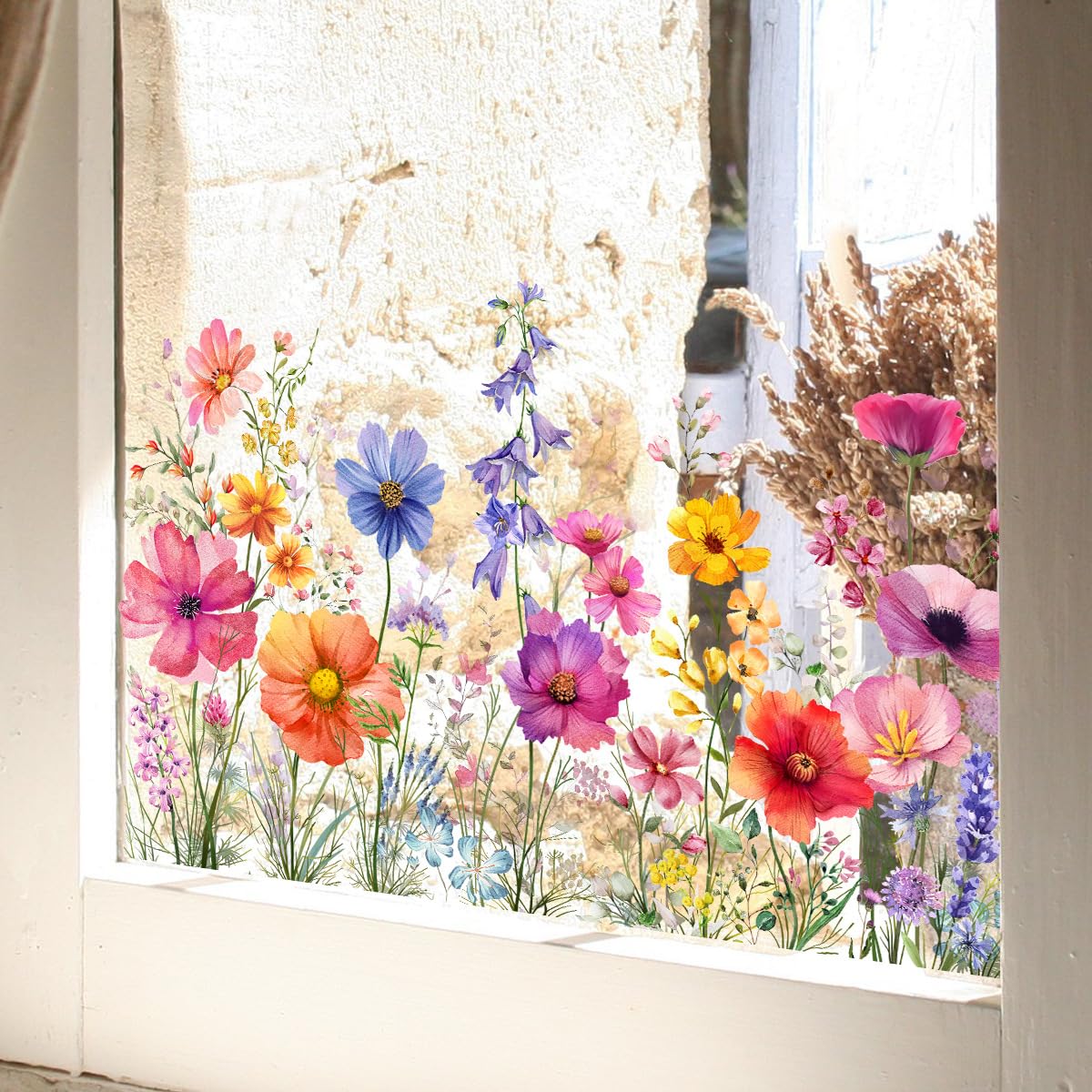 LOONELO Flower Garden Window Stickers, Wildflower Grass Door Decals, Lily Peony Poppy Floral Window Clings for Bedroom Living Room TV Office Decor Home Decoration