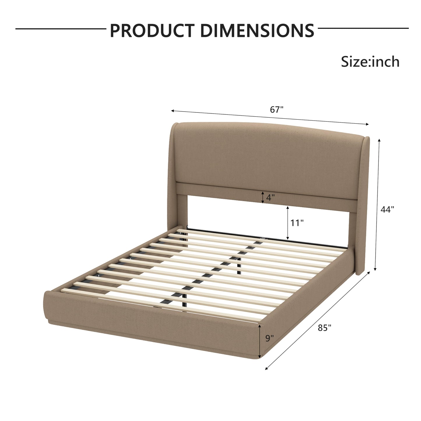 Merax Upholstered Queen Bed Frame with Wingback Headboard, Linen Fabric Platform Bed, Low Profile, Wood Slat Support, No Box Spring Needed, Easy Assembly, Brown