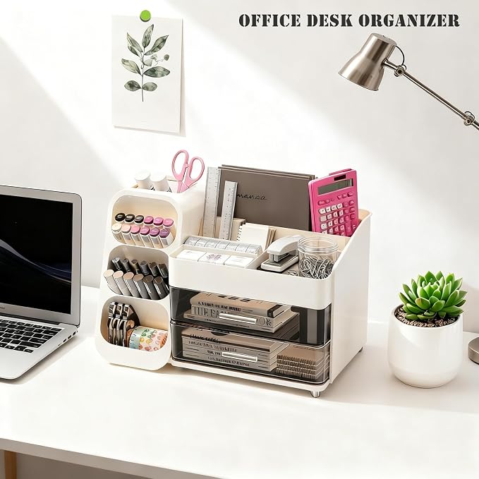 Bathroom Countertop Makeup Organizer with Brush Holder, Large Cosmetic make up storage organizers with 2 Drawers for Vanity Counter top, Makeup Caddy for skincare, lipsticks, hairbrush