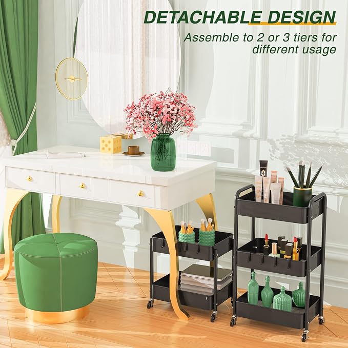 LEHOM 3 Tier Rolling Cart, Metal Rolling Utility Cart with Lockable Wheels & Hooks, Multi-Functional Heavy Duty Storage Cart Organizer for Bathroom, Kitchen, Office, Living Room