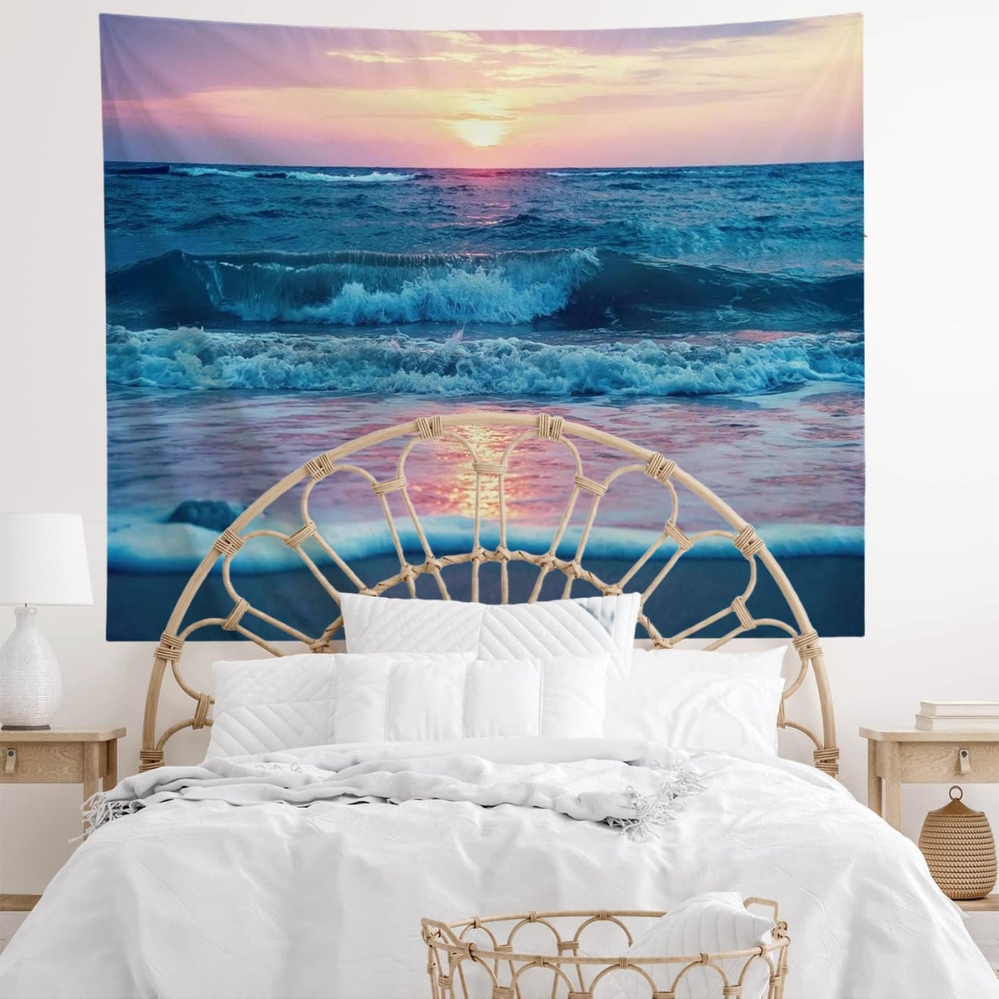 IcosaMro Ocean Tapestry Wall Hanging, Sea Beach Wave Sun Cloud Landscape Scenery Nature Wall Art [Double-Folded Hems] Bohemian Home Decor for Bedroom, Dorm, College, Living Room, 51x60, Blue