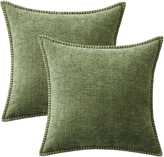 MIULEE Pack of 2 Couch Throw Pillow Covers 20x20 Inch Sage Green Farmhouse Decorative Pillow Covers with Stitched Edge Soft Chenille Solid Dyed Summer Pillow Covers for Sofa Bed Living Room