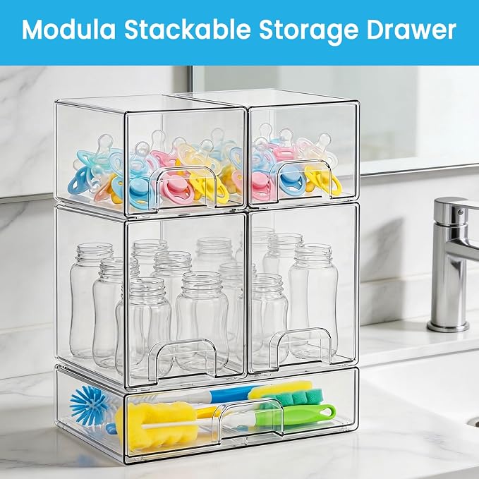 Bottle Storage Organizer Baby, Clear Stackable Storage Drawers Set for Baby Bottle, Beauty Supplies Storage, Ideal for Countertop, Vanity, Bathroom, Cabinet, Pantry Organization, 15.4" H, 5 Pack
