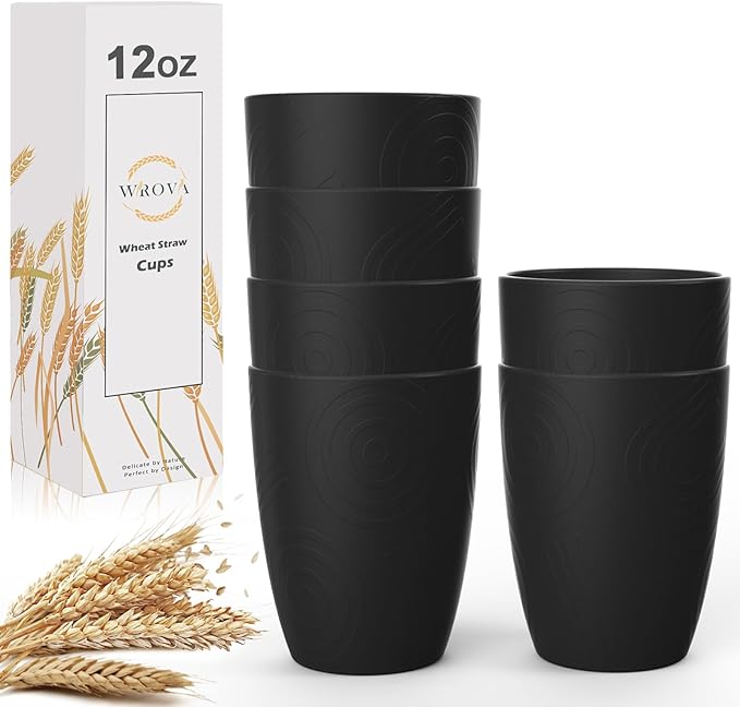 Wrova Wheat Straw Cups 6 PCS Good Alternative to Plastic Reusable Cups 12 oz Unbreakable Drinking Cup Reusable Dishwasher Safe Water Plastic Glasses Black