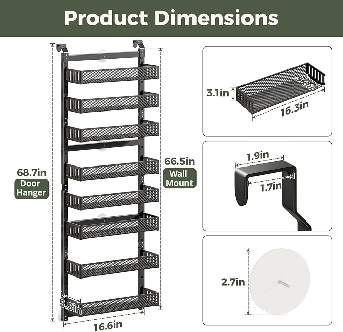 POKIPO 8-Tier Over the Door Pantry Organizer, 2 IN 1 Wall Mount or Hanging Spice Rack with Adjustable Raised Basket, Heavy Duty Back of Door Storage for Kitchen Bathroom Laundry Room