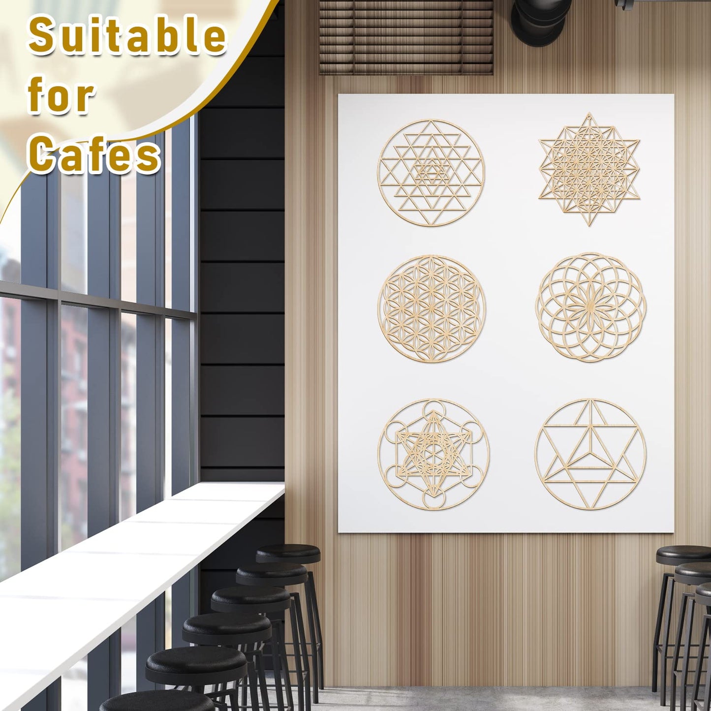 Taiyin 6 Pcs 12 Inch Wooden Sacred Geometry Wall Art Set, Zen Geometric Wall Decor for Home Meditation Room, Inspired Hanging Art with Metatron Cube, Flower of Life, Sri Yantra(Burlywood)