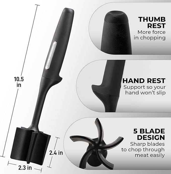Zulay Kitchen Ground Meat Chopper Tool – 5-Blade Nylon Meat Chopper for Ground Beef, Non-Toxic Food Safe Meat Masher & Breaker, Heat Resistant to 180°C, Dishwasher Safe – Black