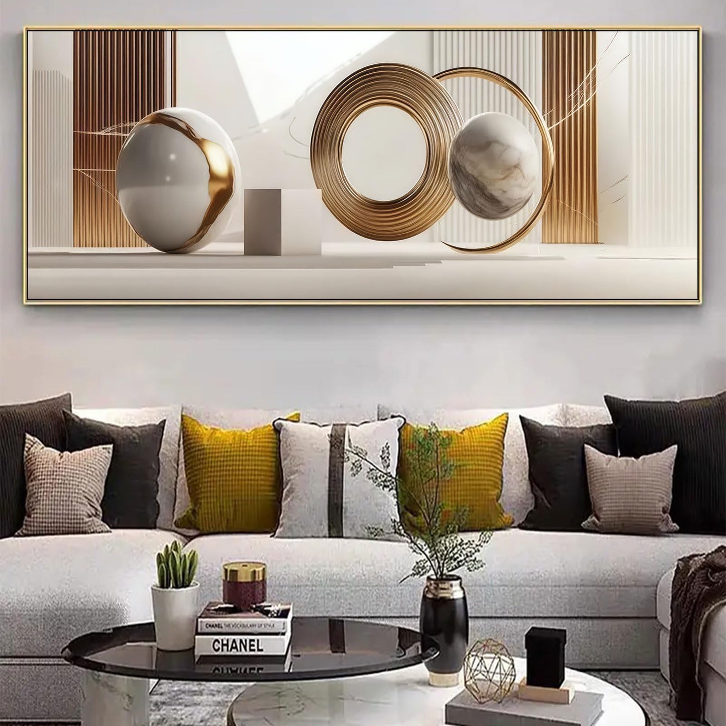 Yutjafa Extra Large Geometric Wall Art Modern Abstract Neutral Line Decor painting Pictures Nordic Gold White 2D Posters Canvas Prints for Bedroom Office Hallway Hotel Home Decoration No Frames