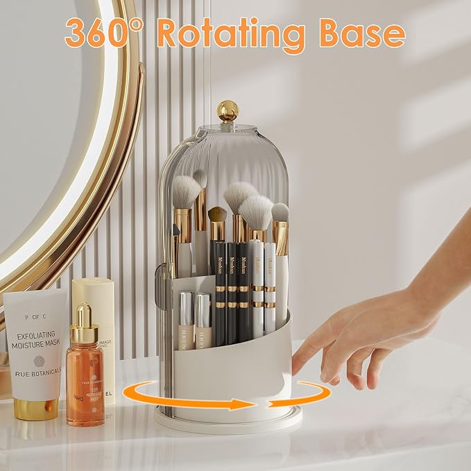 YOOLENS Makeup Brush Holder with Lid 360 Rotating Clear Dustproof Make Up Organizers for Vanity Bathroom Countertop, Gray
