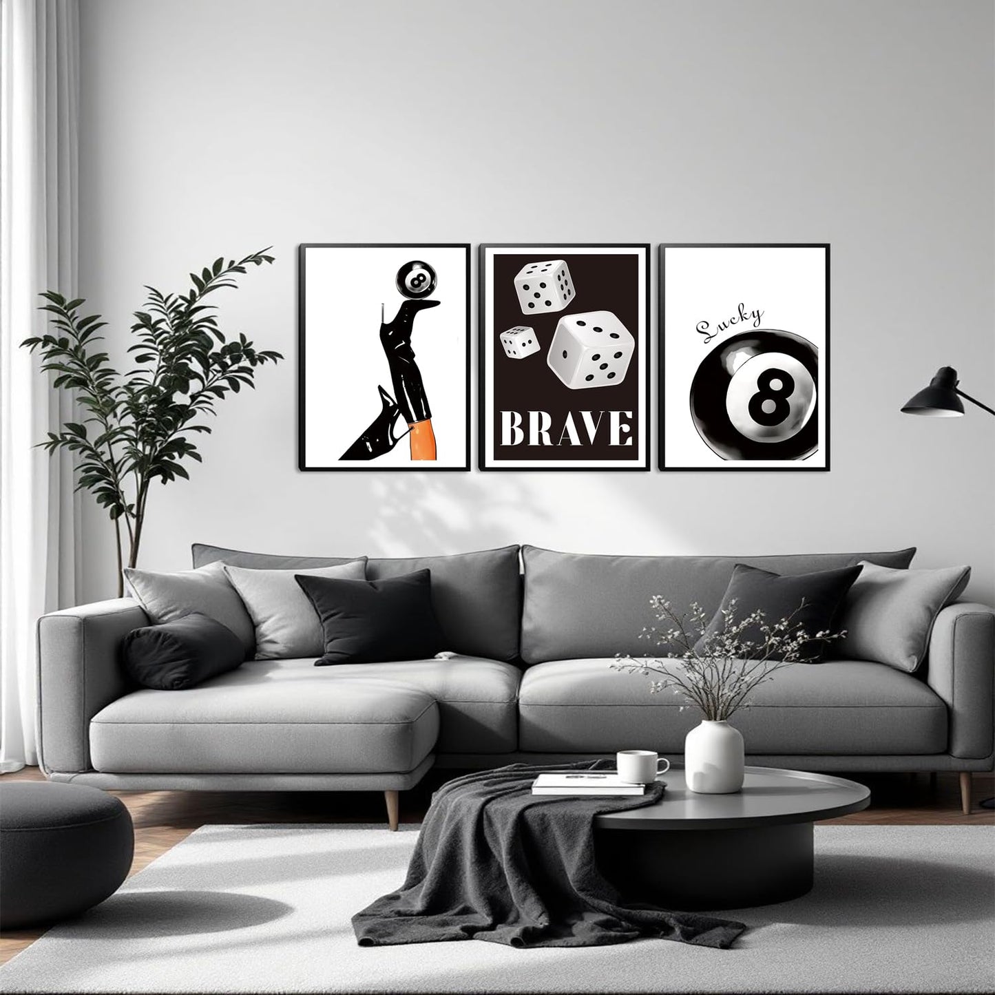 Framed Black And White Dice Wall Art Set of 3, Funky Retro Y2K Trendy Preppy, Lucky 8 Ball Coquette Boots Poster Canvas Prints for Game Room Bedroom Dorm Home Decor 16x12 Inch