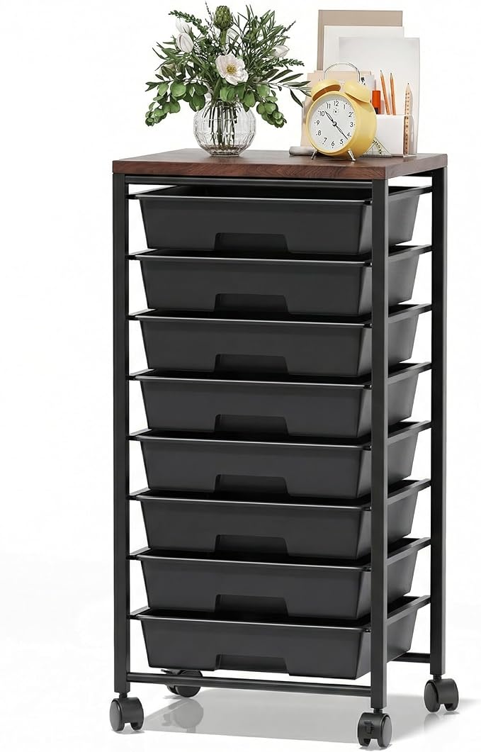 Rolling Cart with 8 Drawers, Storage Drawers Cart with Wooden Tabletop and Lockable Wheels, Craft Storage for Living Room, Office, Classroom, Craft Room, Bedroom (Black)