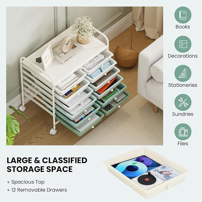 Giantex 12 Drawers Rolling Cart, Mobile Storage Drawer Cart, Classroom Organizer Cart for Office School Supplies Tools Scrapbook Paper Craft Small Printer, Utility Cart on Wheels, Green Gradient