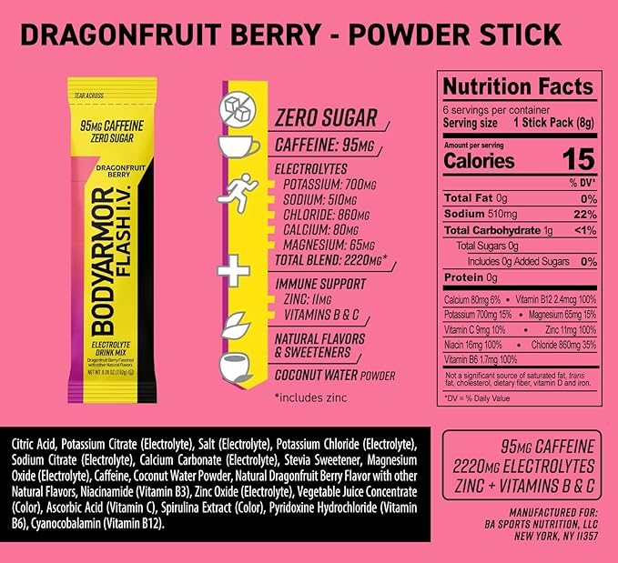 BODYARMOR Caffeinated Flash I.V. Electrolyte Packets - Dragonfruit Berry - Zero Sugar Energy Drink Mix, Single Serve Packs, Hydration for Pre Workout, Travel Essentials, Active Lifestyle (6 Count)