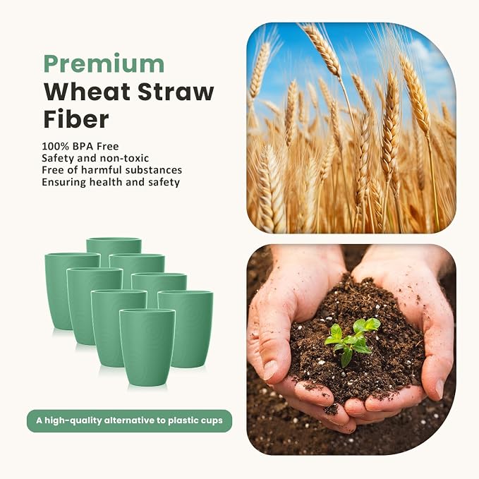Homienly Plastic Cups Reusable 8 PCS Wheat Straw Cups a Good Alternative Drinking Plastic Glasses Cup Unbreakable Reusable Dishwasher Safe Microwave Safe Cup with Green Color (12 OZ)