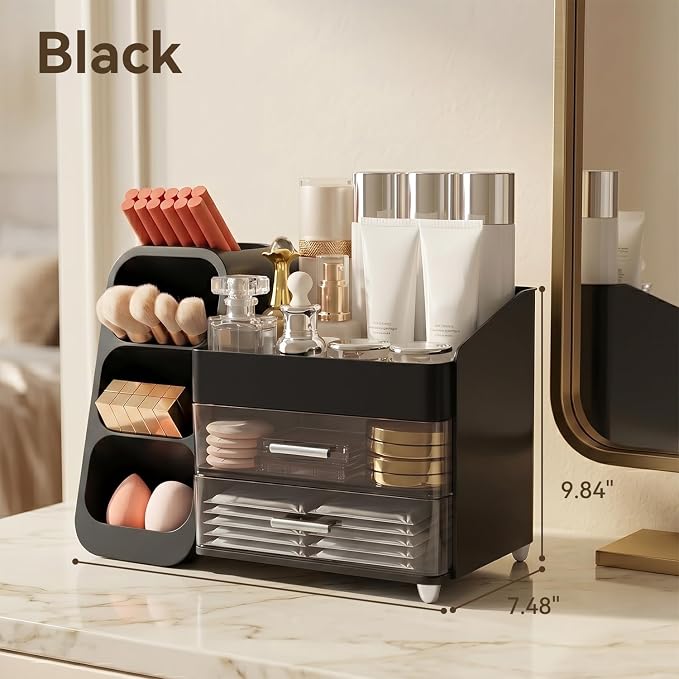 Brothersbox Makeup Organizer with Brush Holder for Vanity, Large Countertop Skincare Storage with 2 Drawers, Holds Lipsticks, Nail Polishes, Perfumes, Brushes - Gift for Women, Black
