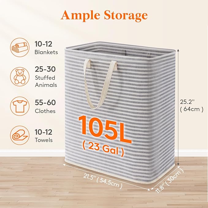Lifewit 105L Large Collapsible Laundry Hamper, Tall Foldable Dirty Clothes Baskets Waterproof, Freestanding Design with Easy Carry Handles in Dorm Bedroom Bathroom College, Grey