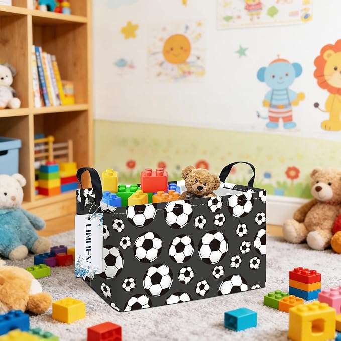 Rectangular Soccer Ball Pattern Storage Bin, Decorative Canvas Laundry Basket with Dual Handles, Foldable Household Toy Organizer, Multipurpose Party Gift Basket for Bedroom Dorm (Soccer)