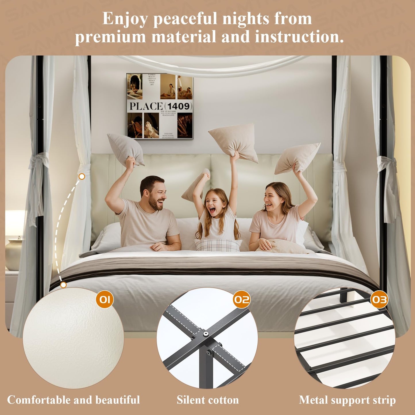 SAMTRA Modern Canopy Bed Frame with Upholstered Faux Leather Headboard – Tall Four Poster Metal Platform Bed, No Box Spring Needed, King Size, Rustic White