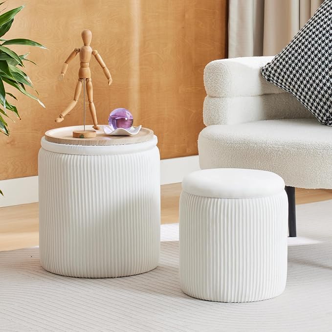 BLEXA Round Ottoman with Storage Set of 2-Upholstered Velvet Vanity Stool for Makeup Multifunctional Ottomans Coffee Table Padded Seat Foot Rest for Living Room&Bedroom(White-Upgrade Tray Lid)