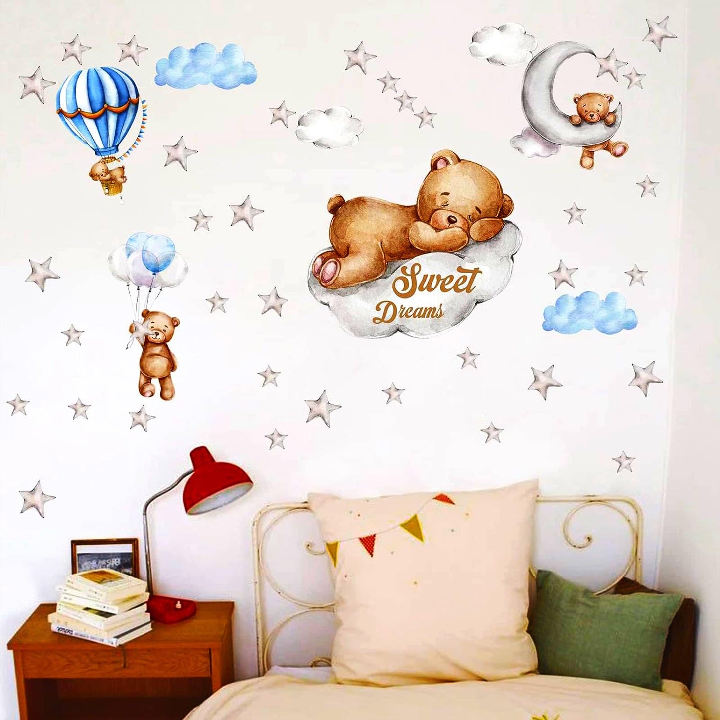 Tedy Bear Moon & Stars Wall Decor - Sleeping Bear Wall Stickers, Baby & Nursery Room Decor