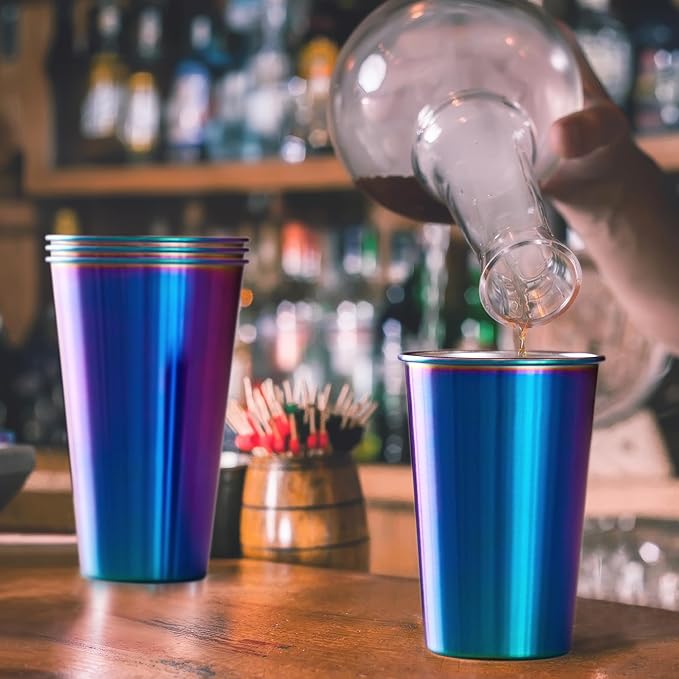 MEWAY 4 Pack 24oz Stainless Steel Pint Cup,Healthy Unbreakable and Stackable,Metal Drinking Glasses，Beer Glasses（Rainbow）