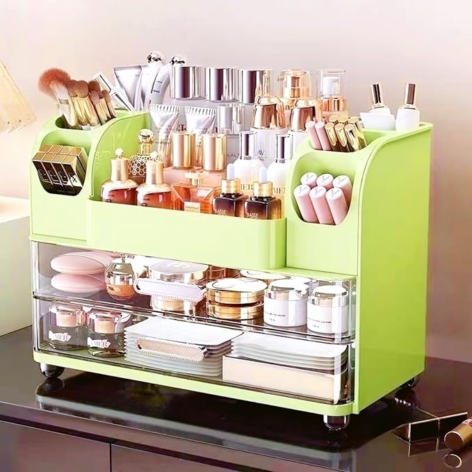 Makeup Organizer with Drawers for Vanity,Bathroom Countertop Organizer with Brushes Holder,Skincare Storage Organizer,Perfect Cosmetic Display Case for Skincare,Lipstick and Beauty Essential (Green)