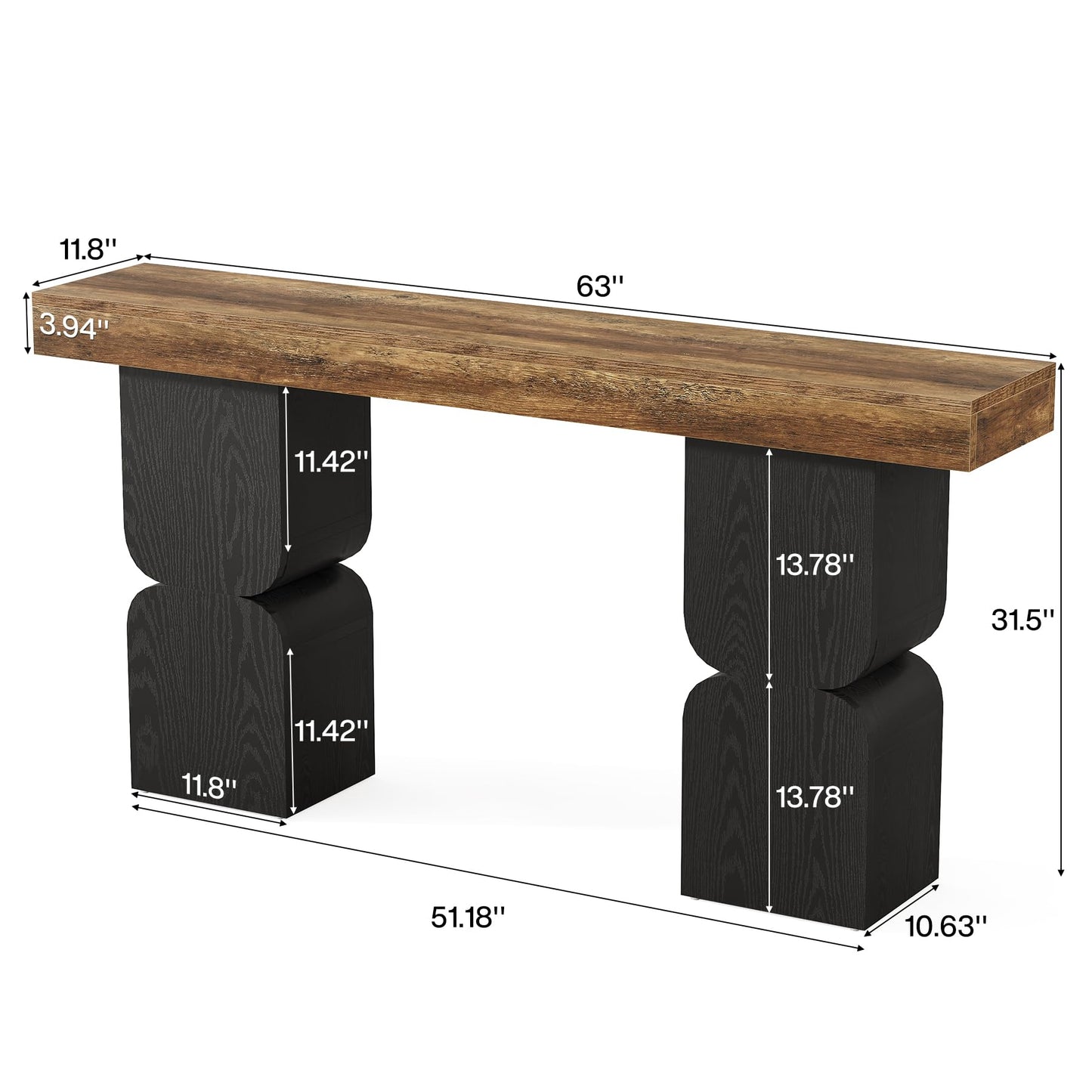 63-Inch Console Table, Heavy-Duty Look, Behind Couch Sofa Table, Color Blocking Design, Bold Structural Presence, Modern Entryway Furniture for Living Room, Hallway, Foyer, Brown + Black