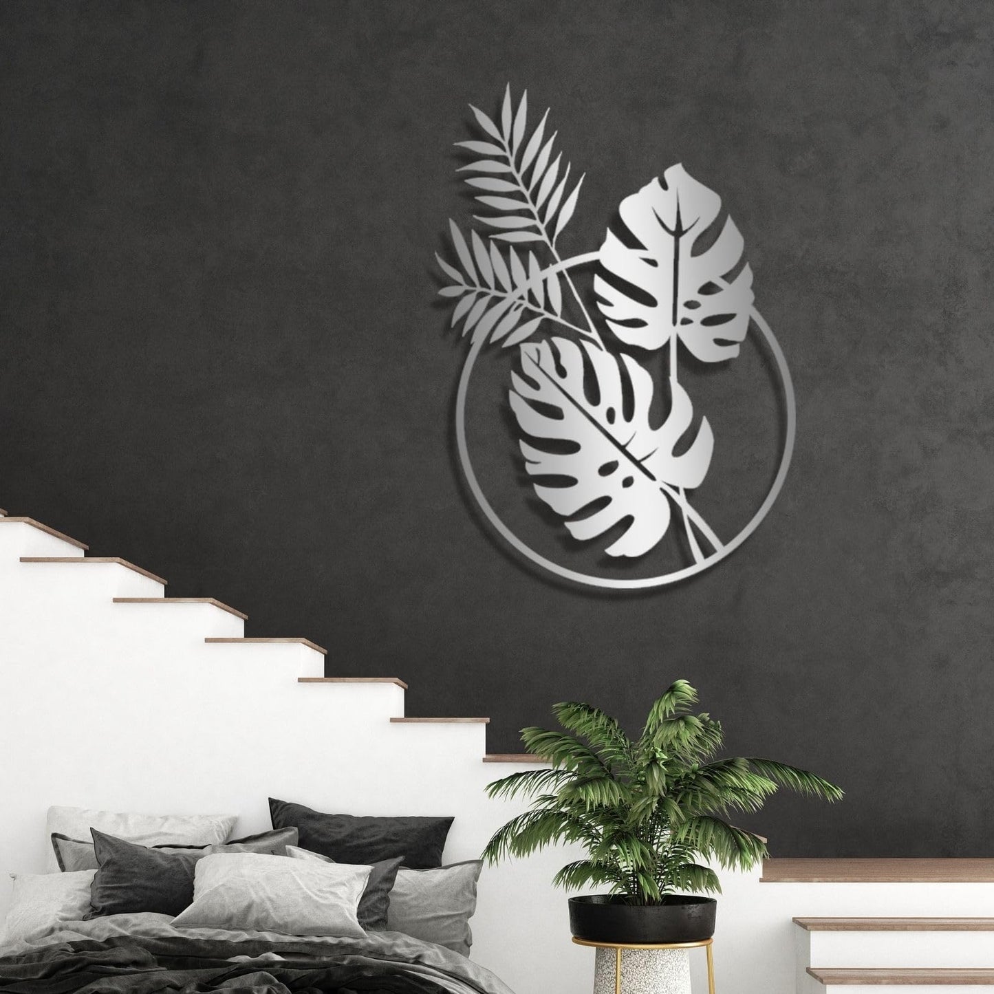 Metal Palm Tree Wall Decor, Palm Leaves Metal Wall Art, Tropical Metal Art Wall Decor, Palm Leaf Wall Decor, Metal Leaf Wall Decor, Metal Plant Wall Decor, Metal Wall Art for Living Room (53x38 inches / 135x97.5 cm, Silver)