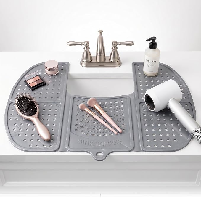 Sink Topper Bathroom Counter Cover & Storage Saver, Foldable Silicone Mat for Hot Tools, Hair Styling & Makeup, Beauty Brush Cleaning Mat, RV Camper Sink Cover & for Small Spaces (Large Silver)