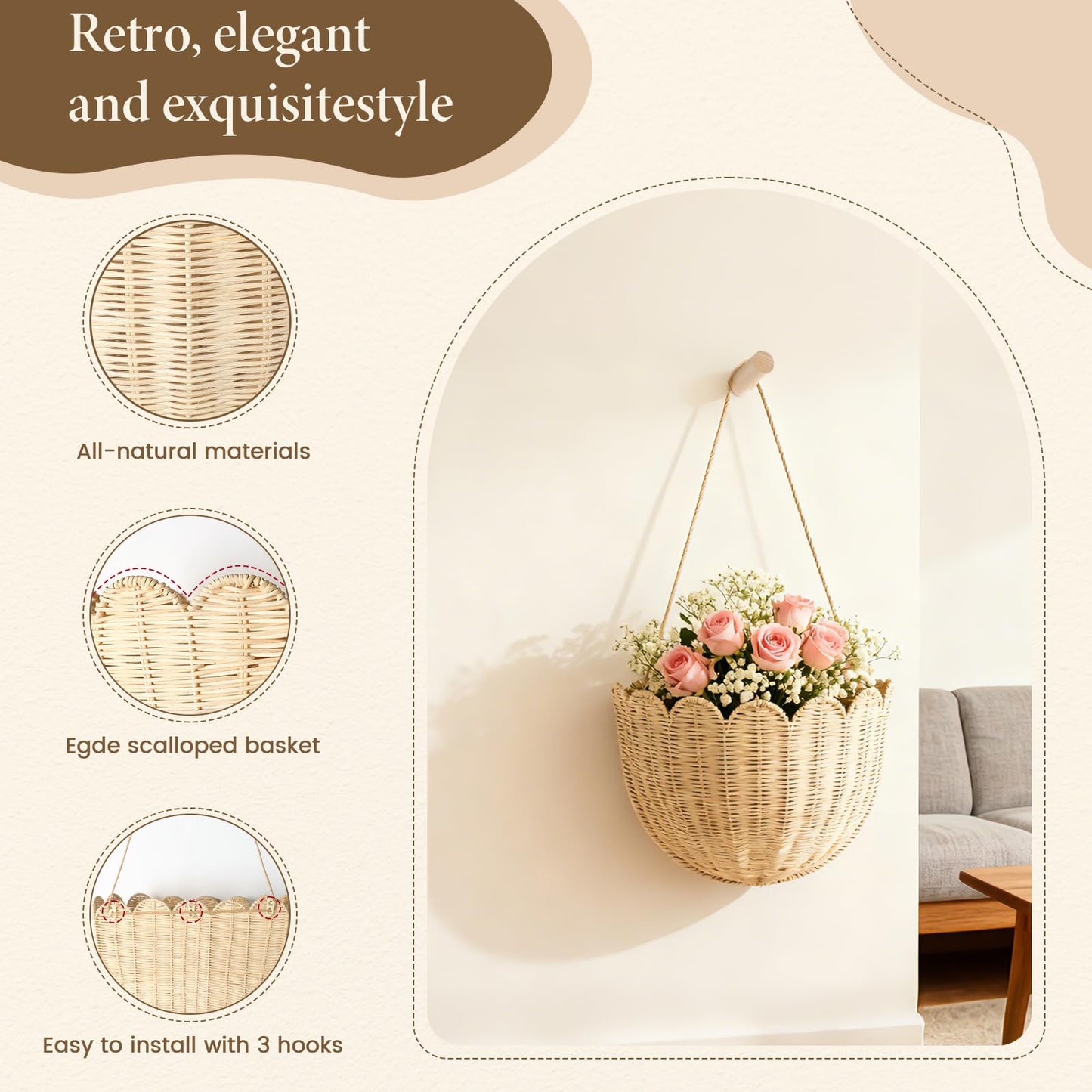 Natural Handwoven Scalloped Wall Basket Set of 2, Premium Rattan Wicker Wall Hanging Organizer for Boho Home Decor, Decorative Wall Storage for Bathroom, Entryway, Living Room & Craft Room