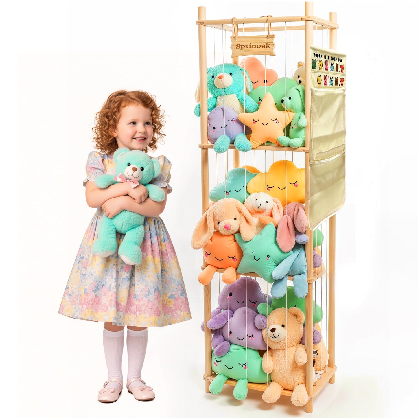 54-Inch Tall Stuffed Animal Storage Organizer - Premium Wooden Plush Toy Holder Zoo, Large Toy Storage Tower with Elastic Rope & Side Storage Bag for Kids Room, Nursery, Playroom, Corner (Sprinoak)