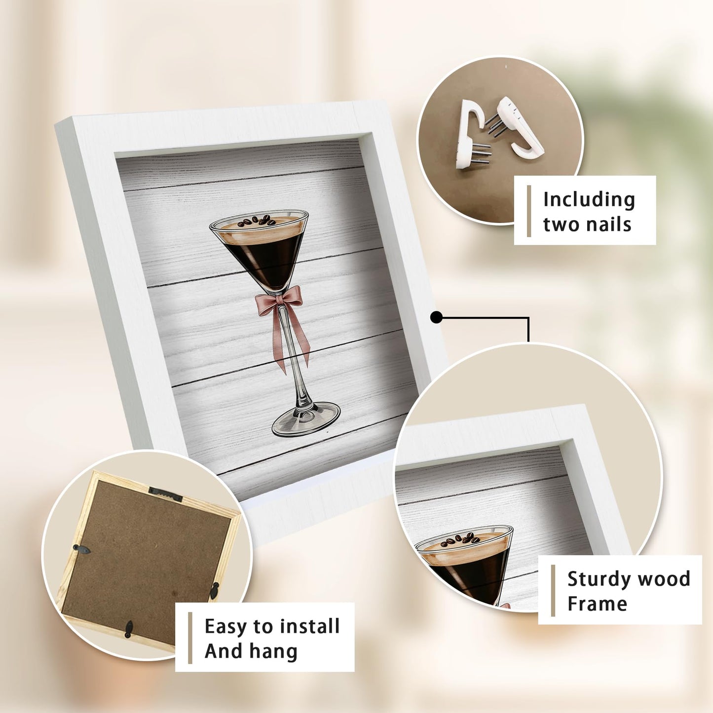 Nitelat Espresso Martini Bar Signs Decor, Espresso Martini Gifts, Preppy Pink Bow Cocktail Wooden Frame Block Signs for Home Bar Cart Girls Room Bedroom Desk Tabletop Shelf Wall Decorations