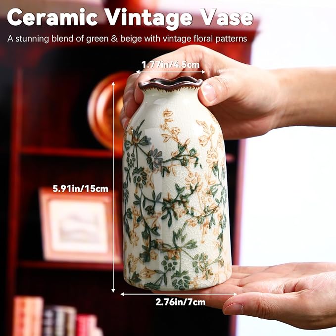 Green Vintage Vase Ceramic Crackle Floral Vase for Farmhouse Retro Home Bookshelf Living Room Table Centerpiece Decor(Rustic)