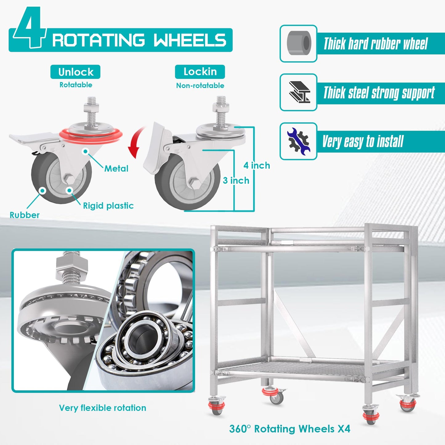 2 Shelf Rolling Cart with Wheels, 660lbs Capacity Collapsible Steel Rolling Utility Cart, Heavy-Duty Foldable Hand Truck, Metal Storage Carts with Handle for Groceries, Warehouse (36" Lx26 W)