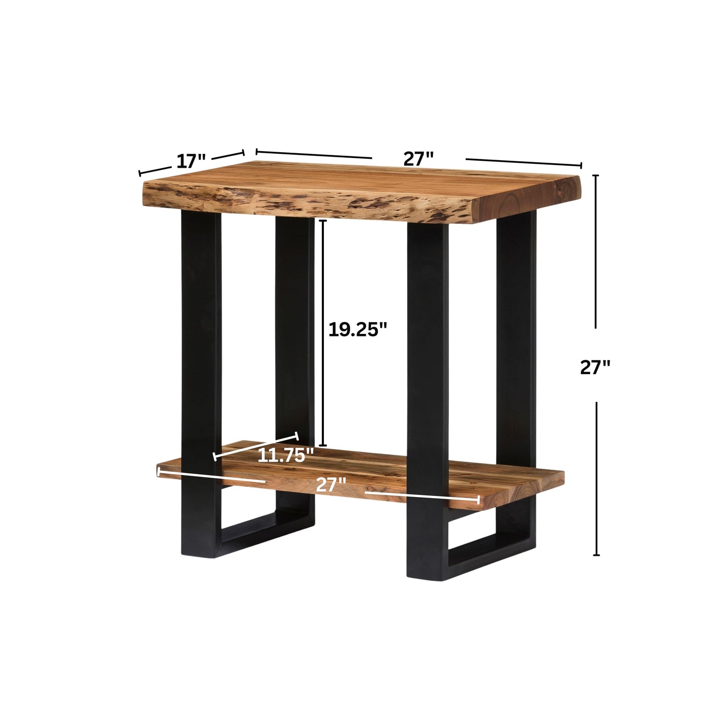 Alaterre Furniture Alpine Live Edge Modern End Table Set of 2-2-Tier Narrow Side Table Set with Open Storage Shelf - Solid Wood and Metal Modern Nightstands for Living Room or Bedroom (Natural)