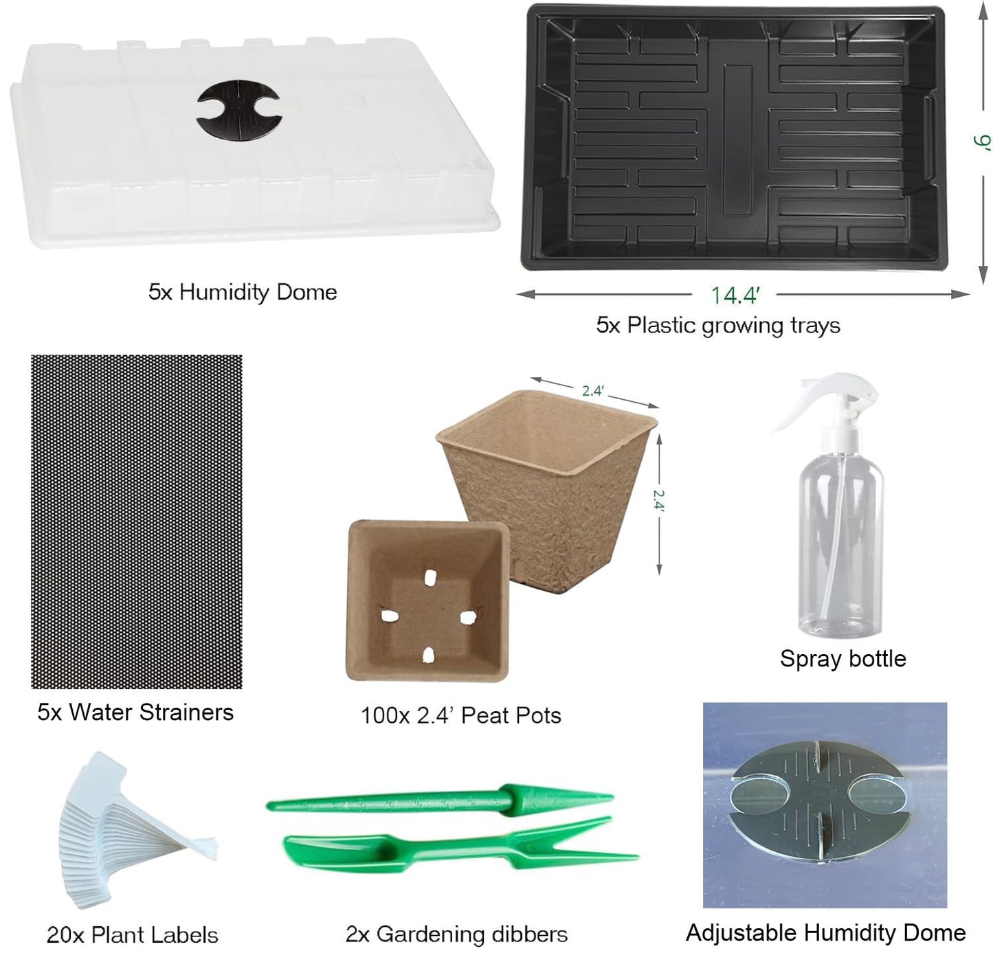 macoya Seed Starter Kit with 100 Peat Pots for Seedlings Seed Starter Tray, 5 Plastic Growing Trays with Water Strainer & Adjustable Humidity Dome Outdoor or Indoor Herb Garden Nursery
