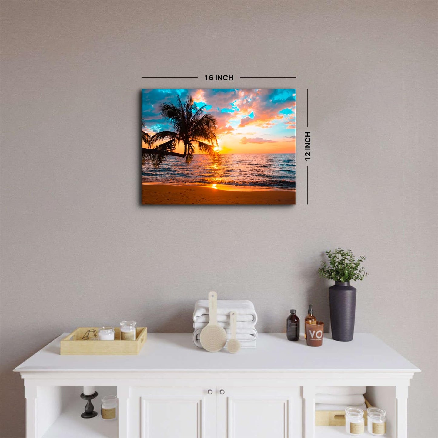 Sunset Beach Wall Art Tropical Palm Tree Wall Decor Coastal Landscape Pictures for Living Room Ocean Landscape Canvas Painting Nature Seascape Poster Prints Artwork Bathroom Home Decorations 12x16”