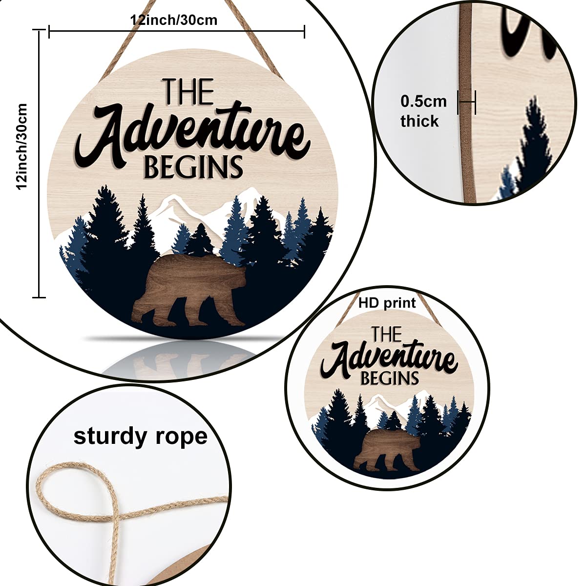 LHIUEM The Adventure Begins Wooden Hanging Sign,Woodland Wall Decor,Bear Mountain Inspirational Quotes Wooden Sign For Home Cabin Decor,Forest Camping Sign (12”X 12”)