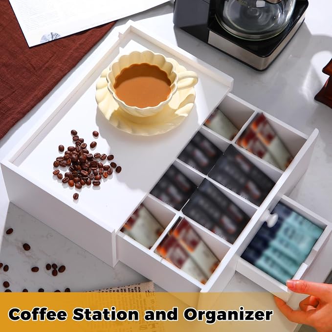 Cinnvoice Tea Bag Organizer Wood Tea Organizer Storage Box 8 Compartments Container Holder with Lid to Storage and Keep Fresh(White)