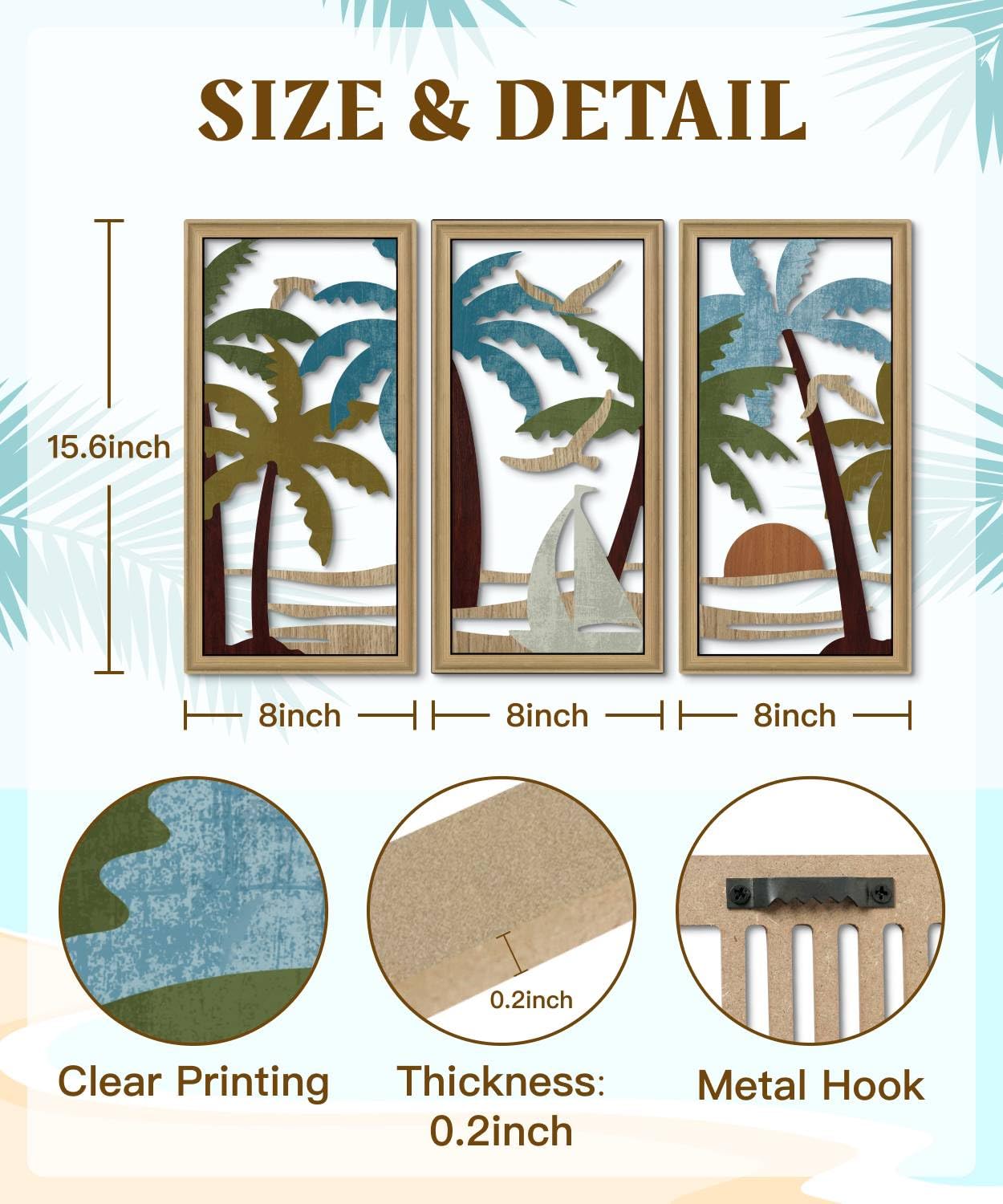 Putuo Decor Palm Tree Wall Decor Set of 3, Coastal Wall Decor, Boho Wall Art, Beach Themed Wooden Wall Plaque for Living Room Bedroom Bathroom
