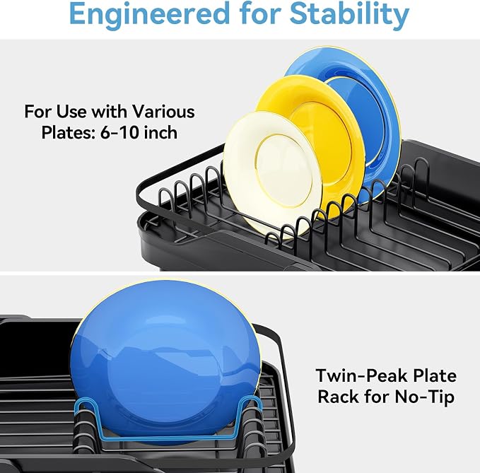 Urackify Expandable Dish Rack for Kitchen Counter,16.14"-23.62" Large Dish Drying Rack with Adjustable Water Spout, Space Saving Dish Drainer with Auto Draining Cutlery Holder, Matte Black