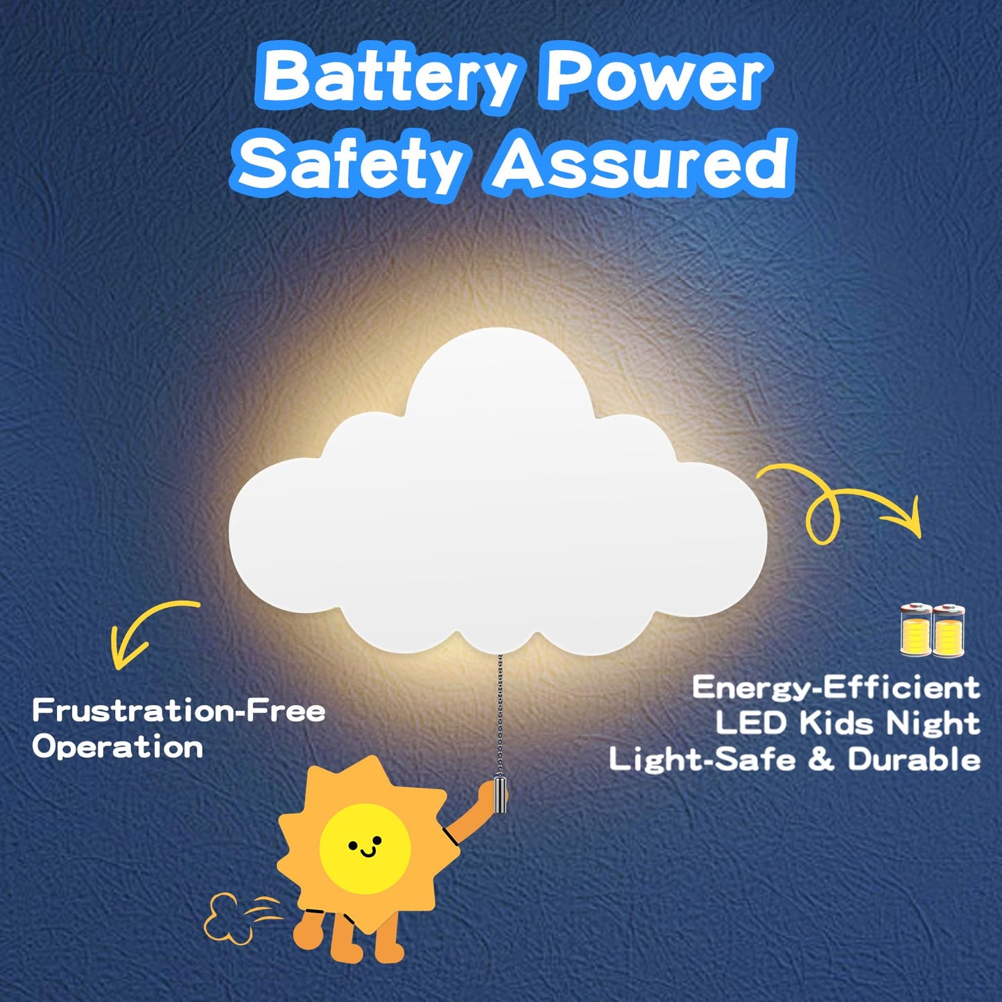 KNYELYNS 2 Pack Cloud Light - Battery-Powered Wall Lamp for Nursery, Kids Bedroom & Baby Room, 3000K Warm Night Light with Pull-String Switch, Cordless 3.7V, Lightweight 13x8in (No Charging Needed)