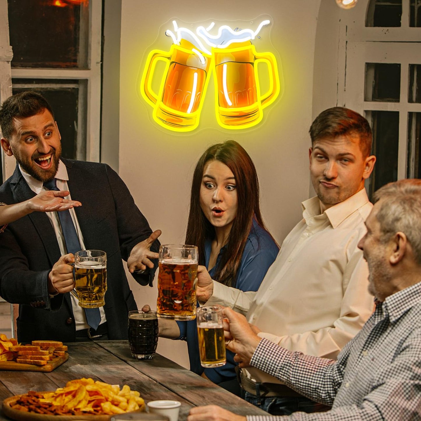 Beer Neon Sign UV Prited Cheers Neon Light Dimmable USB Powered Beers Glass Light Up Sign for Man Cave Bar Pub Store Bedroom Restaurant Club Hotel Party Decor