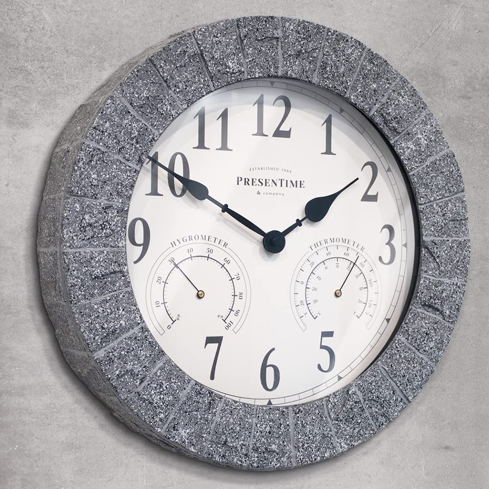 Presentime & Co Sandstone Outdoor Clock with Thermometer & Hygrometer as All in one Weather Station, 14", Gray Sandstone Finish. Weather Thermometer, Outdoor Décor, Wall Décor.