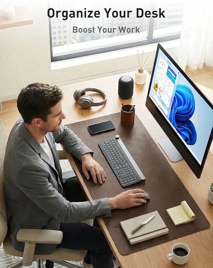 Aothia Faux Leather Desk Mat - Non-Slip PU Leather Desk Blotter, Waterproof Writing Surface, Large Desk Pad for Office & Home (Coffee, 55" x 17")