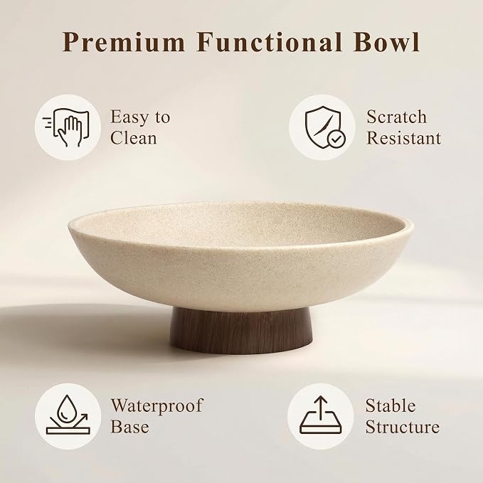 YMXYJM Modern Pedestal Fruit Bowl, Large Matte Resin Decorative Bowl with Faux Wood Base for Kitchen Counter, Living Room, Entryway Home Decor, Brown
